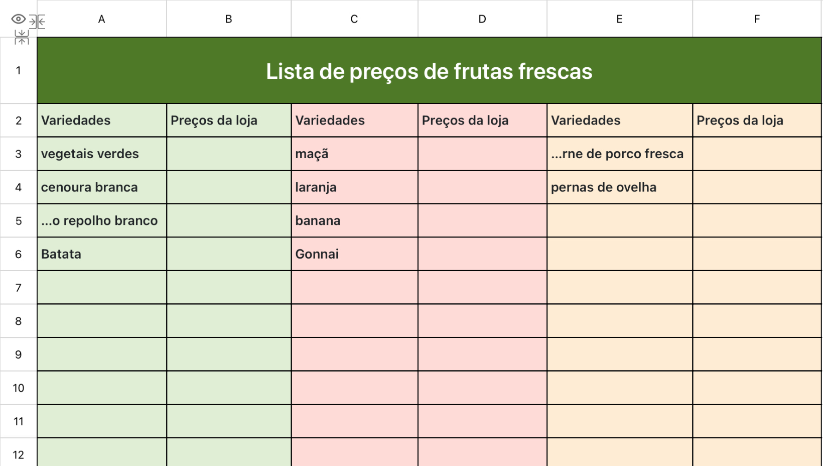 Lista de preços de frutas frescas